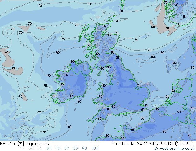 Humidité rel. 2m Arpege-eu jeu 26.09.2024 06 UTC