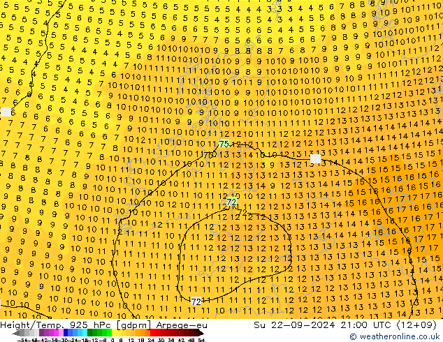 Height/Temp. 925 hPa Arpege-eu dom 22.09.2024 21 UTC