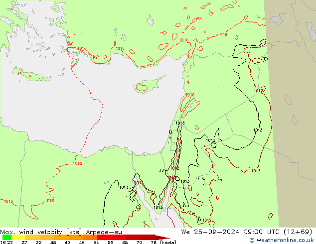 Max. wind velocity Arpege-eu We 25.09.2024 09 UTC