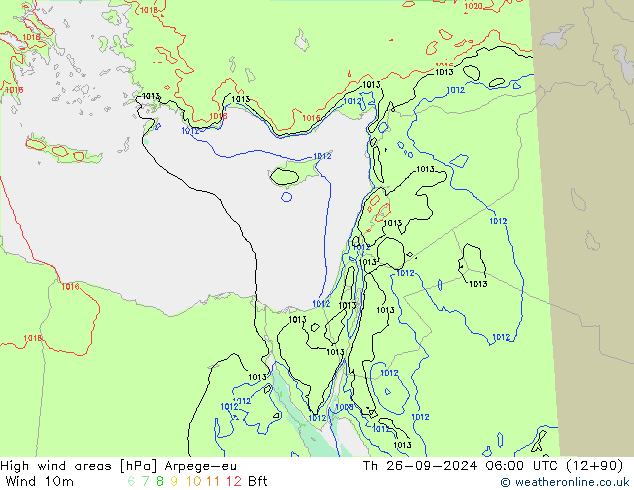 High wind areas Arpege-eu Čt 26.09.2024 06 UTC