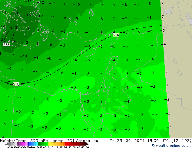 Geop./Temp. 500 hPa Arpege-eu jue 26.09.2024 18 UTC