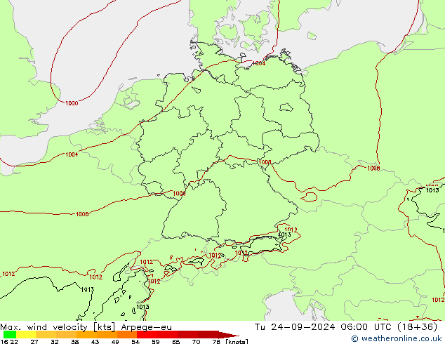 Max. wind velocity Arpege-eu Út 24.09.2024 06 UTC