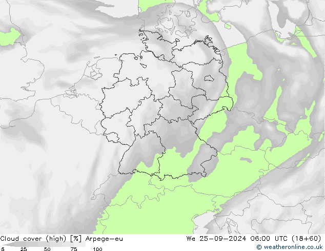 Cloud cover (high) Arpege-eu We 25.09.2024 06 UTC