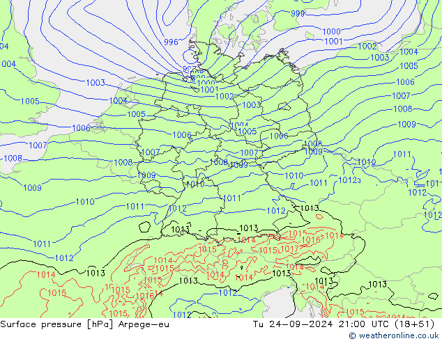 Surface pressure Arpege-eu Tu 24.09.2024 21 UTC