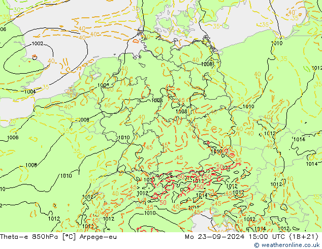 Theta-e 850hPa Arpege-eu Mo 23.09.2024 15 UTC