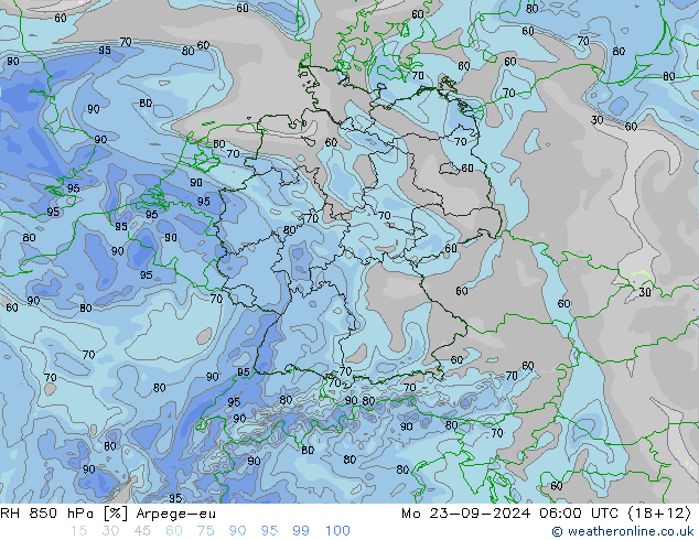 RH 850 hPa Arpege-eu Mo 23.09.2024 06 UTC