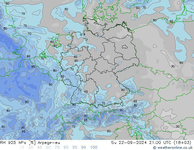 RH 925 hPa Arpege-eu nie. 22.09.2024 21 UTC