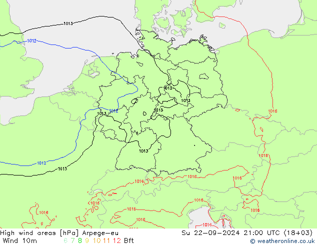 High wind areas Arpege-eu Вс 22.09.2024 21 UTC