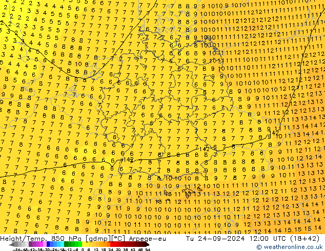 Géop./Temp. 850 hPa Arpege-eu mar 24.09.2024 12 UTC