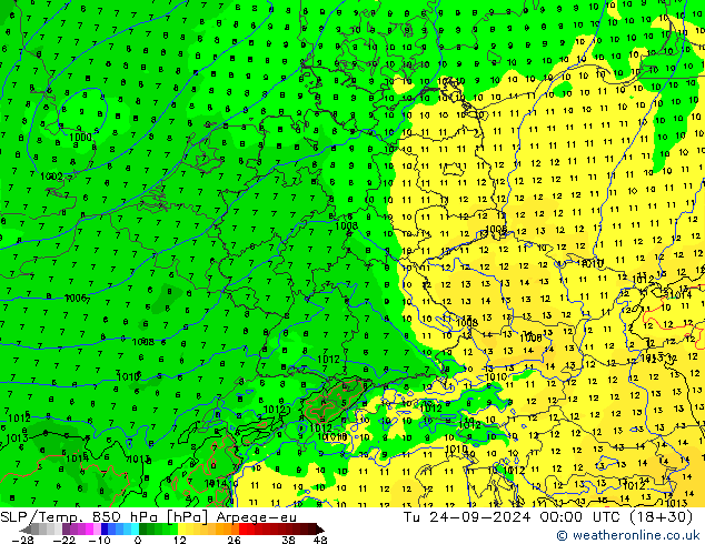 SLP/Temp. 850 hPa Arpege-eu di 24.09.2024 00 UTC