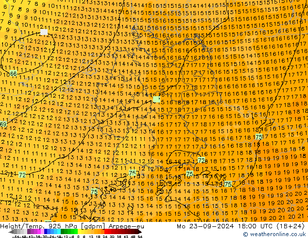 Height/Temp. 925 hPa Arpege-eu Mo 23.09.2024 18 UTC