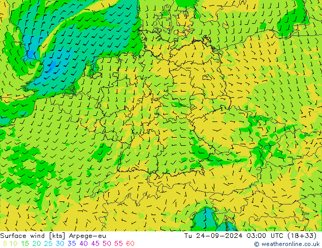 Rüzgar 10 m Arpege-eu Sa 24.09.2024 03 UTC