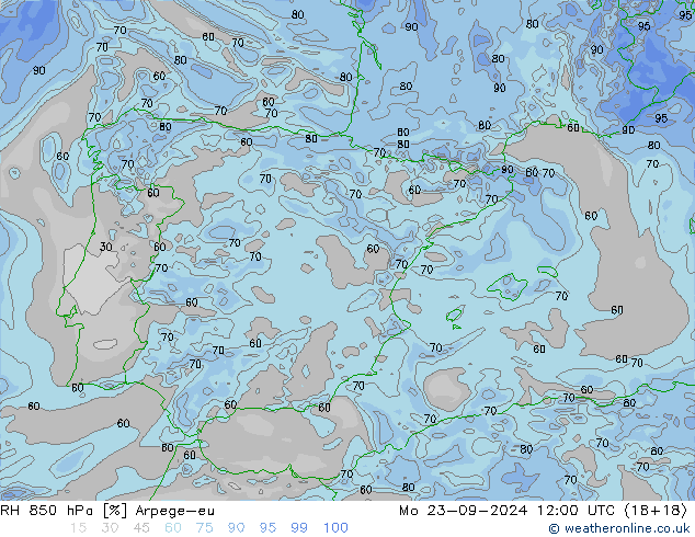 RH 850 hPa Arpege-eu Mo 23.09.2024 12 UTC