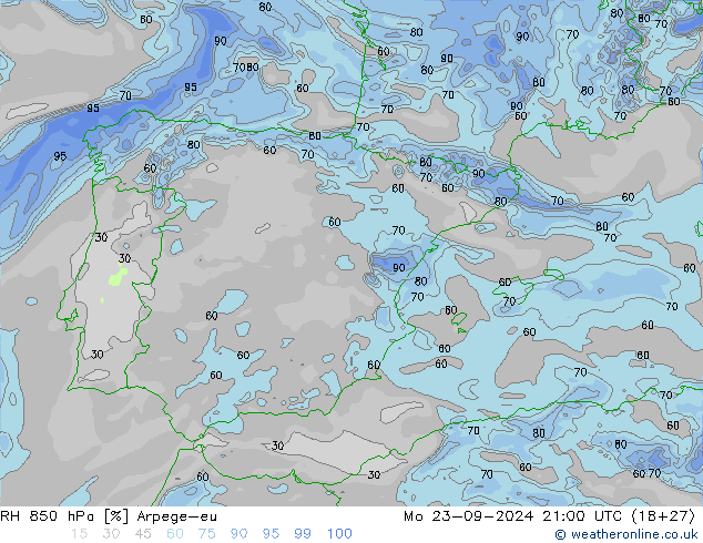 Humedad rel. 850hPa Arpege-eu lun 23.09.2024 21 UTC