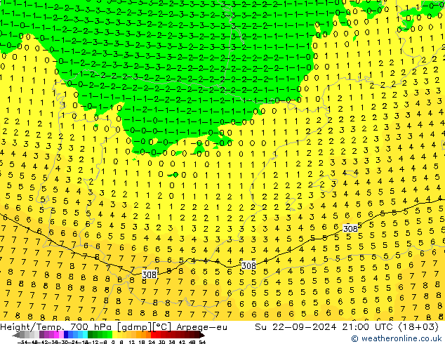 Height/Temp. 700 hPa Arpege-eu Dom 22.09.2024 21 UTC