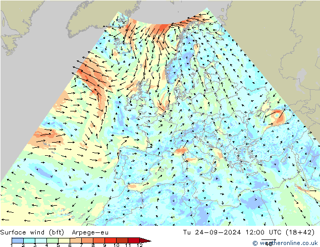 Surface wind (bft) Arpege-eu Tu 24.09.2024 12 UTC