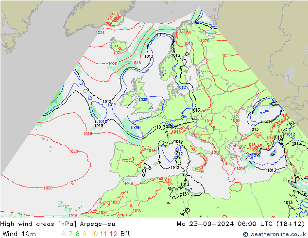 High wind areas Arpege-eu Mo 23.09.2024 06 UTC