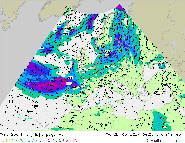 Wind 850 hPa Arpege-eu We 25.09.2024 06 UTC