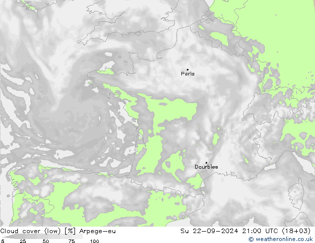 Cloud cover (low) Arpege-eu Su 22.09.2024 21 UTC