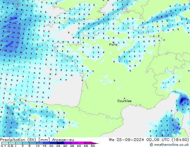 осадки (6h) Arpege-eu ср 25.09.2024 06 UTC