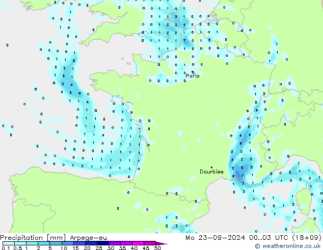 Precipitation Arpege-eu Mo 23.09.2024 03 UTC