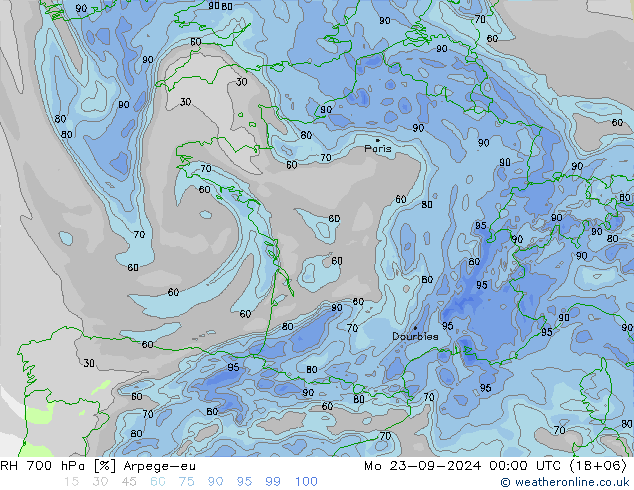 RH 700 hPa Arpege-eu Mo 23.09.2024 00 UTC