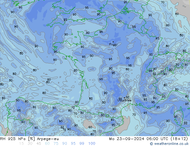 RH 925 hPa Arpege-eu Mo 23.09.2024 06 UTC