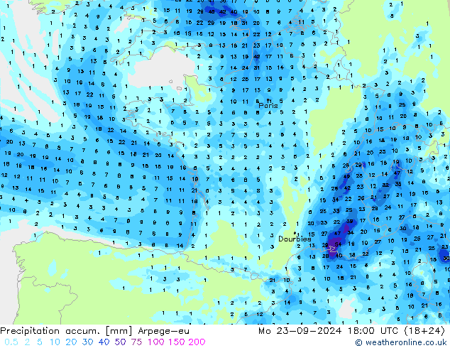 Precipitation accum. Arpege-eu Mo 23.09.2024 18 UTC