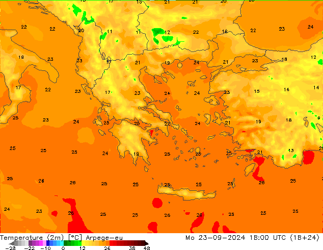 Temperature (2m) Arpege-eu Mo 23.09.2024 18 UTC