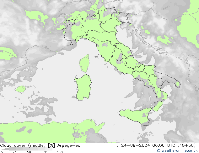 Cloud cover (middle) Arpege-eu Tu 24.09.2024 06 UTC