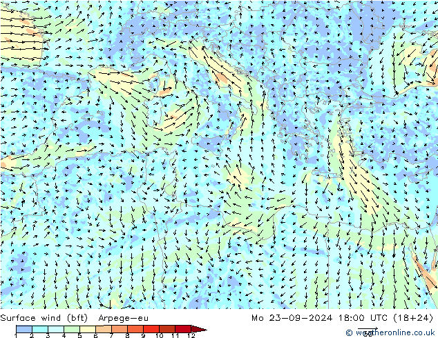 Vento 10 m (bft) Arpege-eu Seg 23.09.2024 18 UTC