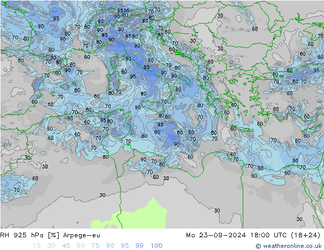 RH 925 hPa Arpege-eu Seg 23.09.2024 18 UTC