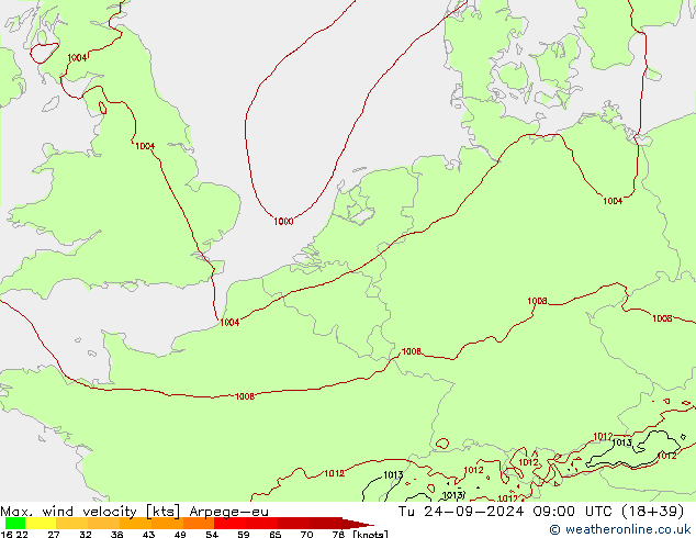 Max. wind velocity Arpege-eu Tu 24.09.2024 09 UTC