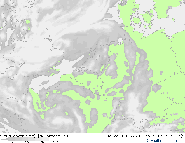 Cloud cover (low) Arpege-eu Mo 23.09.2024 18 UTC