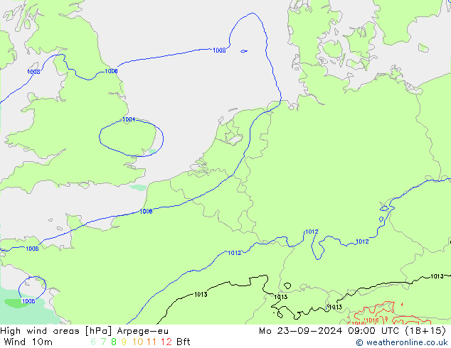 High wind areas Arpege-eu lun 23.09.2024 09 UTC