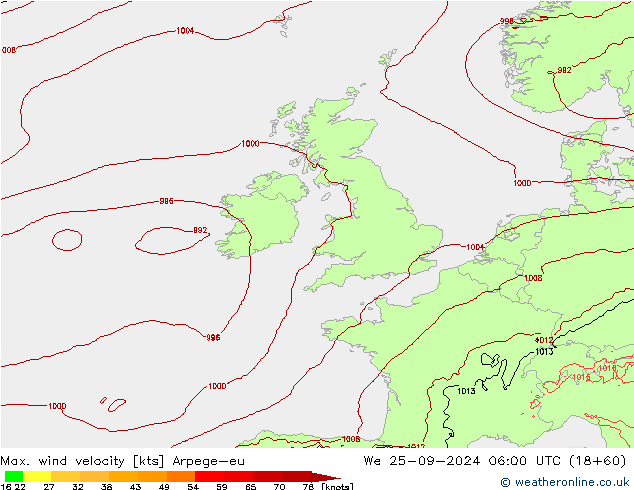 Max. wind velocity Arpege-eu We 25.09.2024 06 UTC