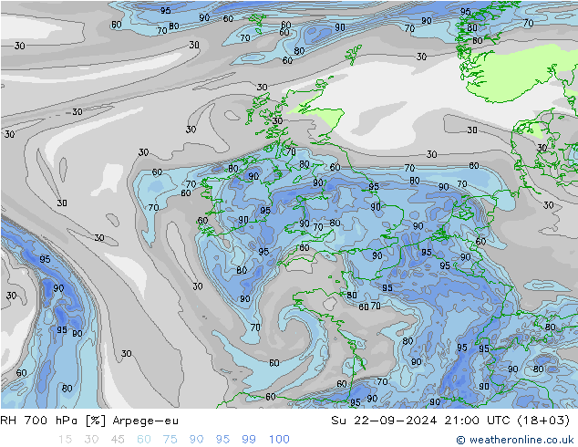 RH 700 hPa Arpege-eu Ne 22.09.2024 21 UTC