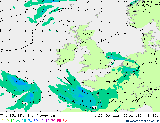 Wind 850 hPa Arpege-eu ma 23.09.2024 06 UTC