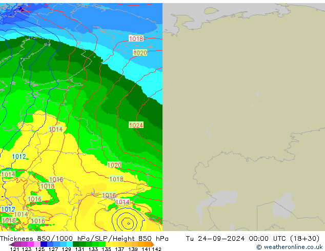 Dikte 850-1000 hPa Arpege-eu di 24.09.2024 00 UTC