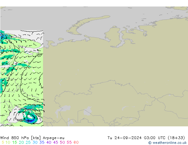 Vento 850 hPa Arpege-eu Ter 24.09.2024 03 UTC