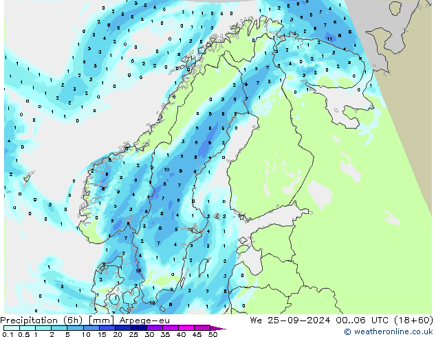 Precipitation (6h) Arpege-eu We 25.09.2024 06 UTC