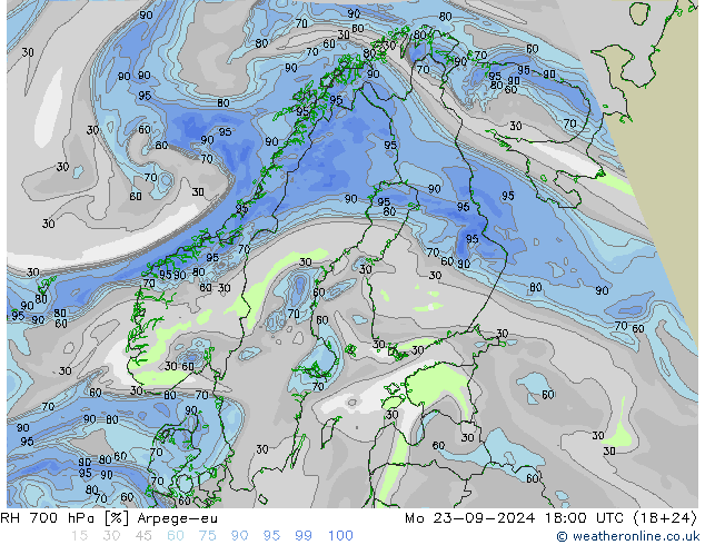 RH 700 hPa Arpege-eu 星期一 23.09.2024 18 UTC