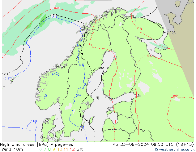 High wind areas Arpege-eu Po 23.09.2024 09 UTC