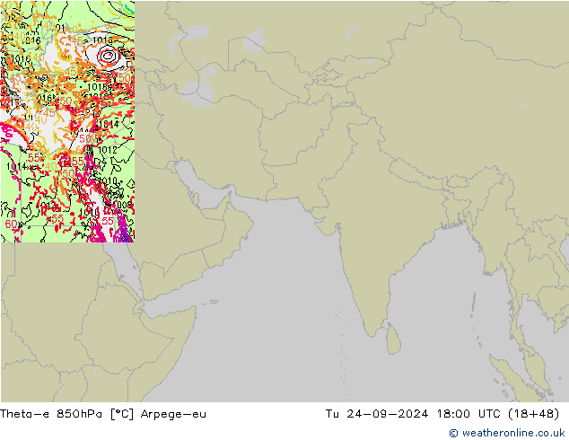 Theta-e 850гПа Arpege-eu вт 24.09.2024 18 UTC