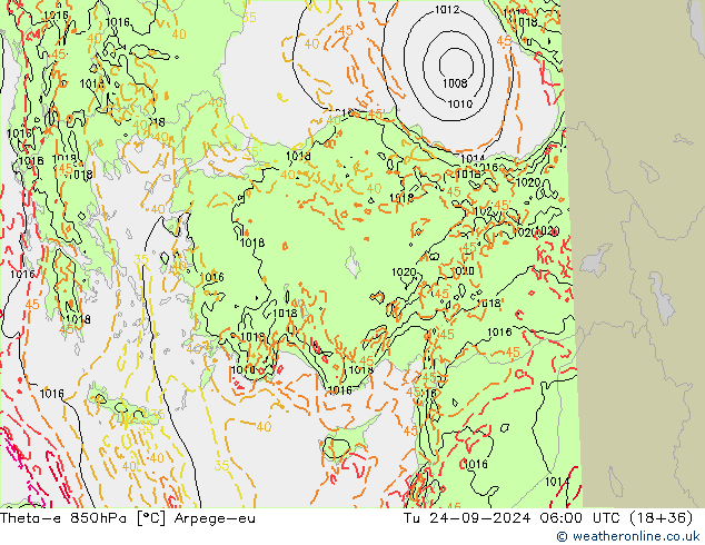 Theta-e 850hPa Arpege-eu di 24.09.2024 06 UTC