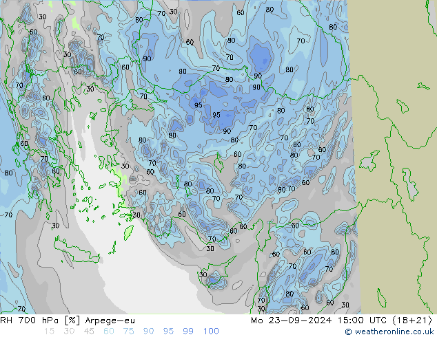 Humidité rel. 700 hPa Arpege-eu lun 23.09.2024 15 UTC