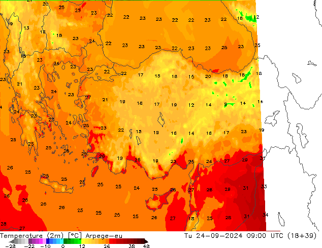 Temperature (2m) Arpege-eu Tu 24.09.2024 09 UTC