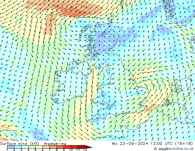 wiatr 10 m (bft) Arpege-eu pon. 23.09.2024 12 UTC
