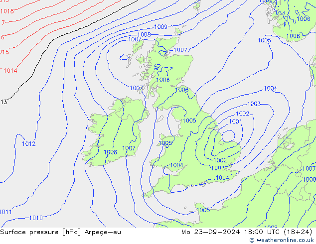 Surface pressure Arpege-eu Mo 23.09.2024 18 UTC