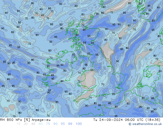 RH 850 hPa Arpege-eu Tu 24.09.2024 06 UTC